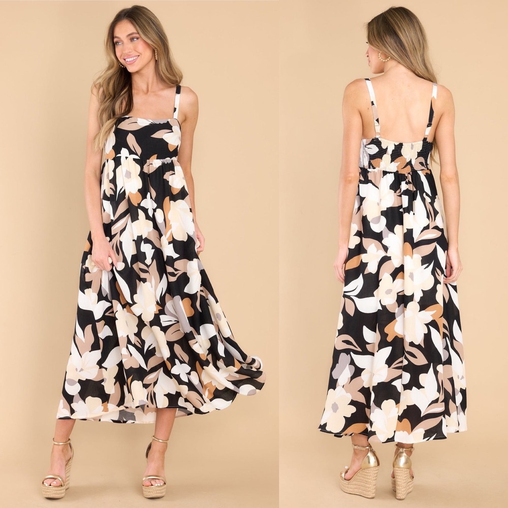 bohme Black Peach Boho Floral Square‎ Neck Hi Lo Midi Dress Wedding Bridal - XS